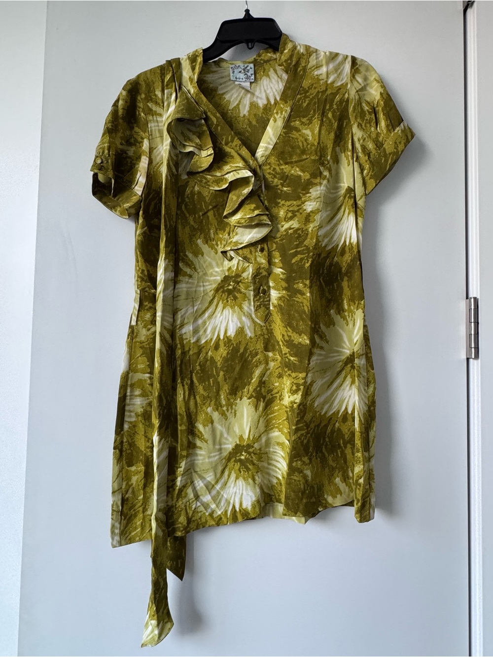 Anthropologie Olive Green Floral Ruffle Tie-Front Tunic